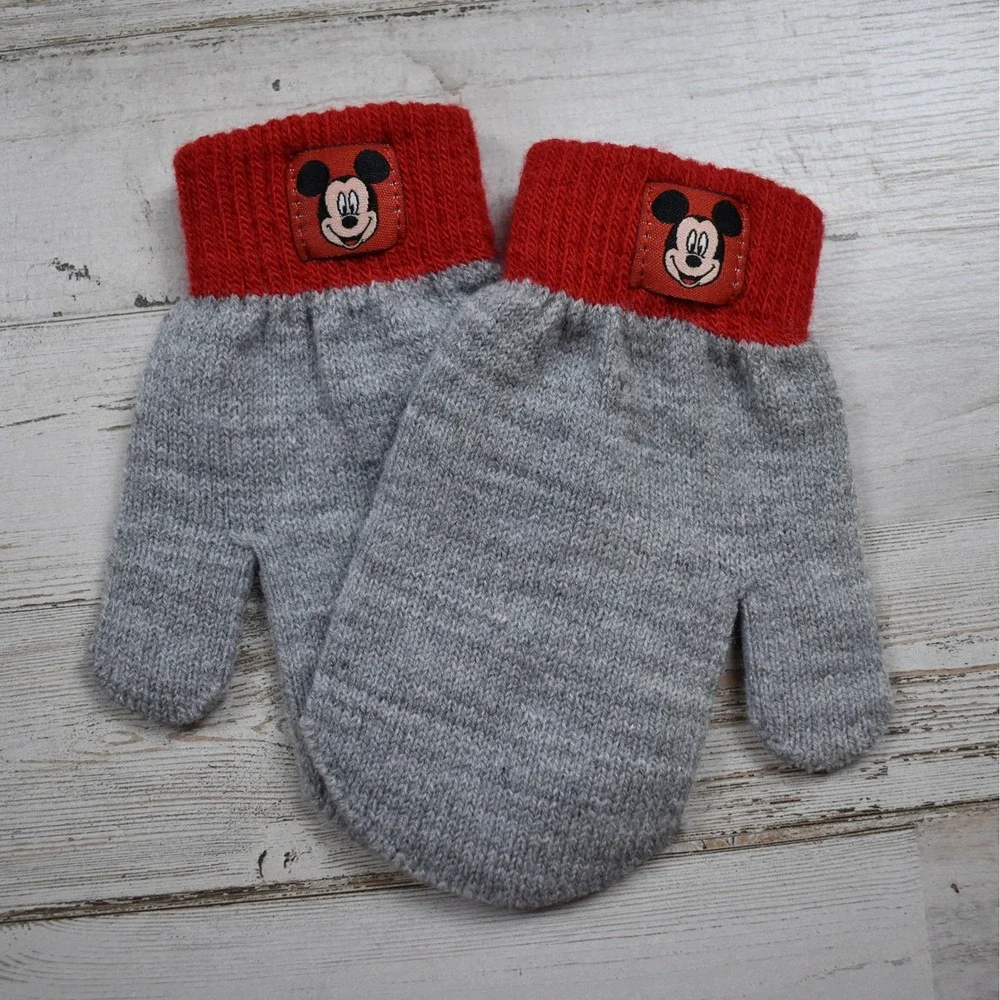 Disney Mickey Mouse Beanie & Mittens Set Boys 2T-5T Gray Red Striped Cozy Winter